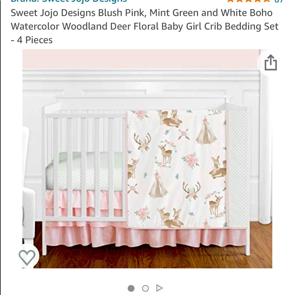 Crib bumber, sheets, comforter, throw pillows, skirt, and diaper holder included